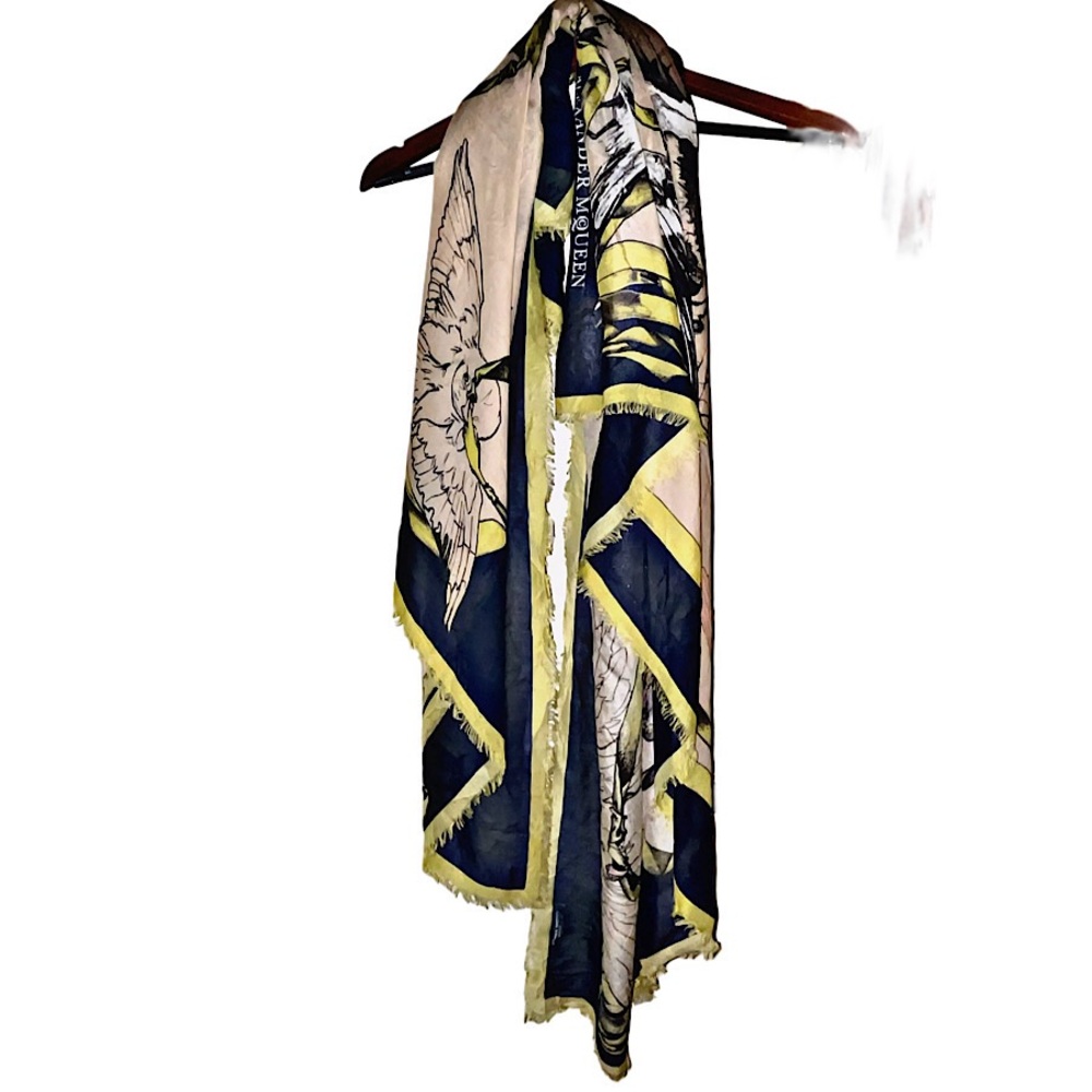 Authentic Alexander McQueen Silk Oversized Bird Motif & Skull Scarf